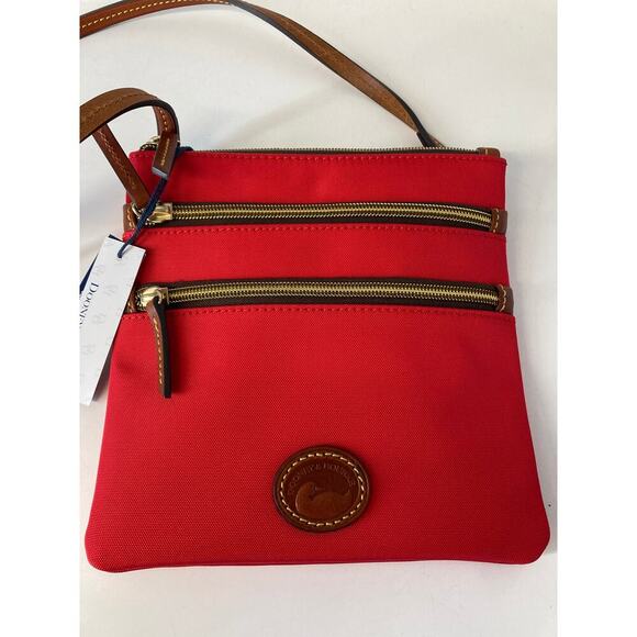 DOONEY & BOURKE NWT SMALL RED CANVAS, LEATHER CROSSBODY BAG - Picture 5 of 13